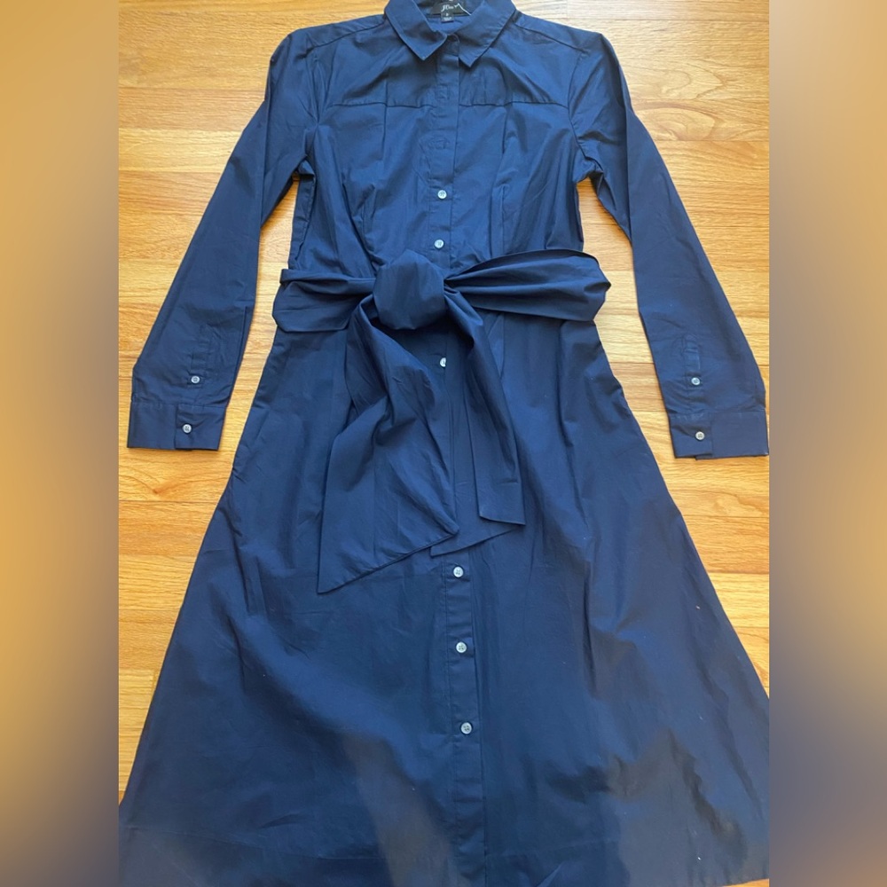 NWT J. CREW Navy Tie Waist Midi Shirtdress In Cotton Poplin - Picture 5 of 11